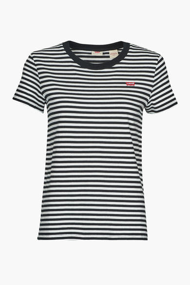 T-shirt noir à rayures blanches de Levi's avec logo rouge sur la poitrine.