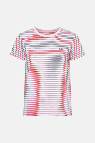 Roze T-shirt met korte mouwen van Levi's® met rode, grijze en marineblauwe strepen.