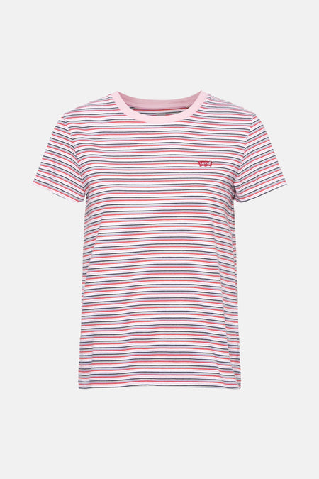 Roze T-shirt met korte mouwen van Levi's® met rode, grijze en marineblauwe strepen.