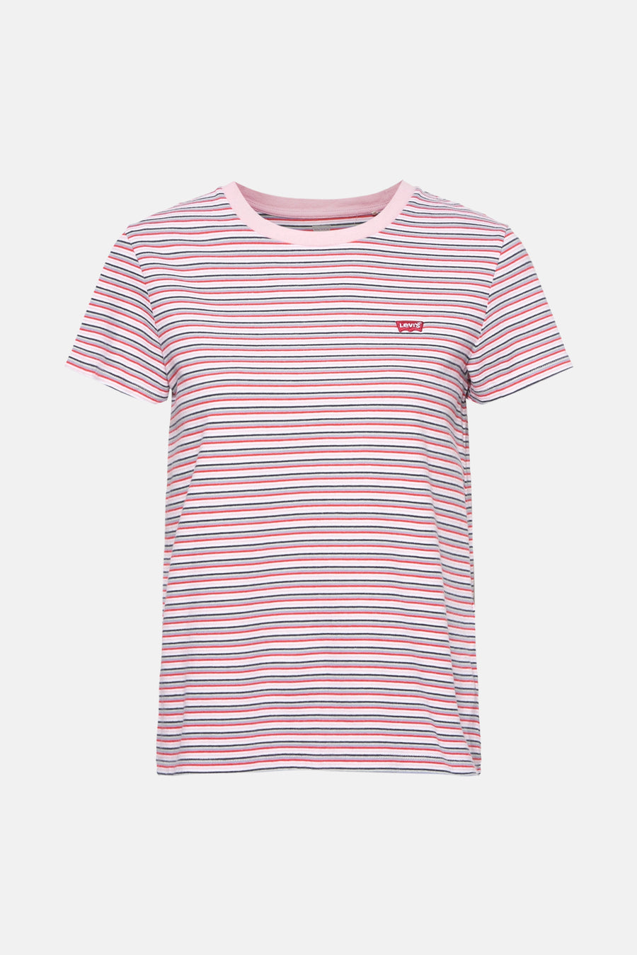Roze T-shirt met korte mouwen van Levi's® met rode, grijze en marineblauwe strepen.