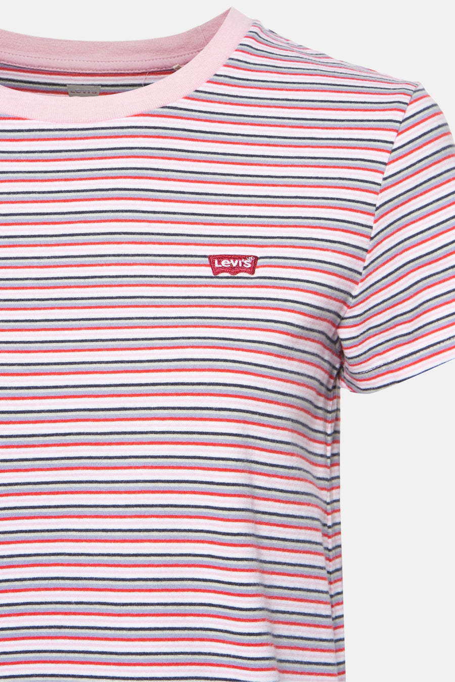 T-shirt à manches courtes rose de Levi's® avec rayures rouges, grises et bleu marine.