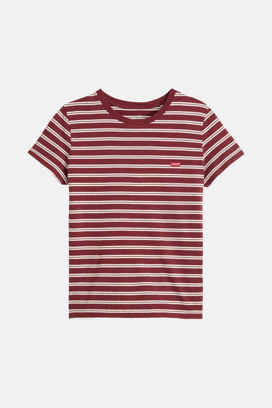 T-shirt bordeaux à rayures blanches de Levi's, avec un logo rouge sur la poitrine.