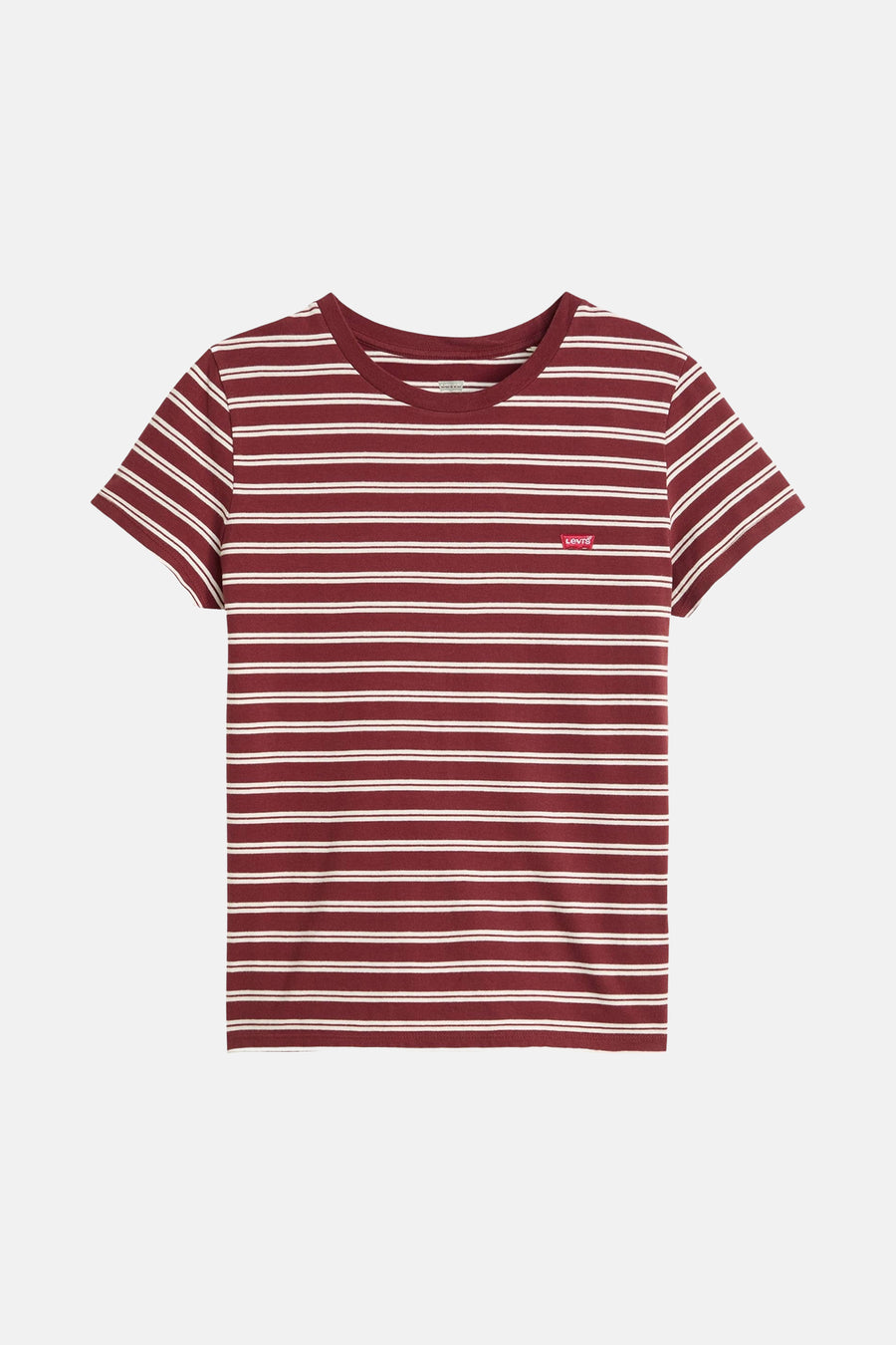 T-shirt bordeaux à rayures blanches de Levi's, avec un logo rouge sur la poitrine.