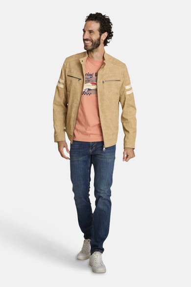 Beige blazer voor heren van DELAHAYE, met ritssluiting en witte strepen op de mouwen.