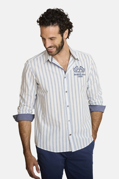 Multikleurig overhemd met korte mouwen van DELAHAYE, blauwe en witte verticale strepen, gedragen met een blauwe broek.