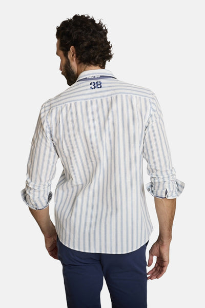 Multikleurig overhemd met korte mouwen van DELAHAYE, blauw-witte verticale strepen, opgerolde mouwen en maat 38 in de nek.