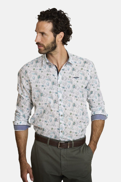 Multikleuren overhemd met lange mouwen van DELAHAYE met bloemenprint op een witte achtergrond, achterzijde.