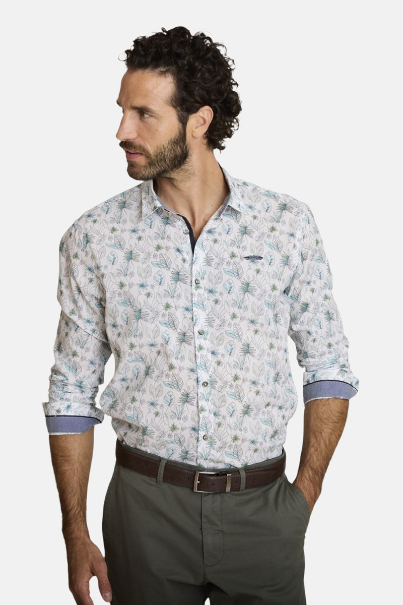 Multikleuren overhemd met lange mouwen van DELAHAYE met bloemenprint op een witte achtergrond, achterzijde.