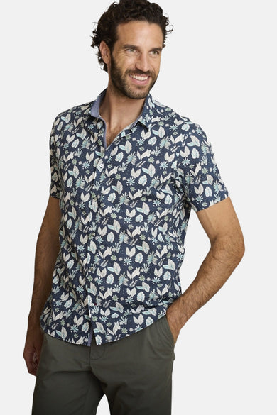 Blauwe blouse met korte mouwen van DELAHAYE, met bloemenprint en een geknoopte kraag, achterzijde.