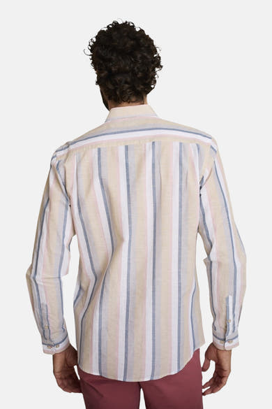 Chemise à manches longues beige de DELAHAYE, à rayures multicolores verticales.