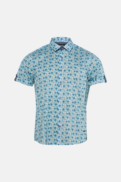 Multicolored short-sleeve floral print chemise by Dehaye, front view with rolled cuffs and button-down collar
