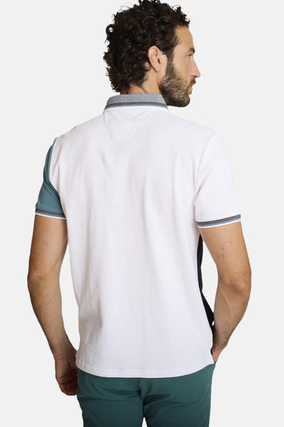 Polo multicolore de DELAHAYE, manches courtes à détails rayés, coupe classique, porté avec un pantalon vert foncé.