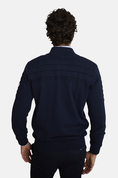 Blauwe DELAHAYE bodywarmer met textuurdetails, lange mouwen en ritssluiting, achterzijde.