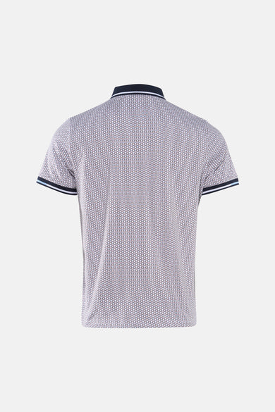 Polo brun de DELAHAYE, imprimé avec motif géométrique, manches courtes à finitions rayées, vue arrière.
