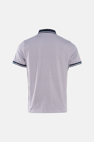 Polo brun de DELAHAYE, imprimé avec motif géométrique, manches courtes à finitions rayées, vue arrière.
