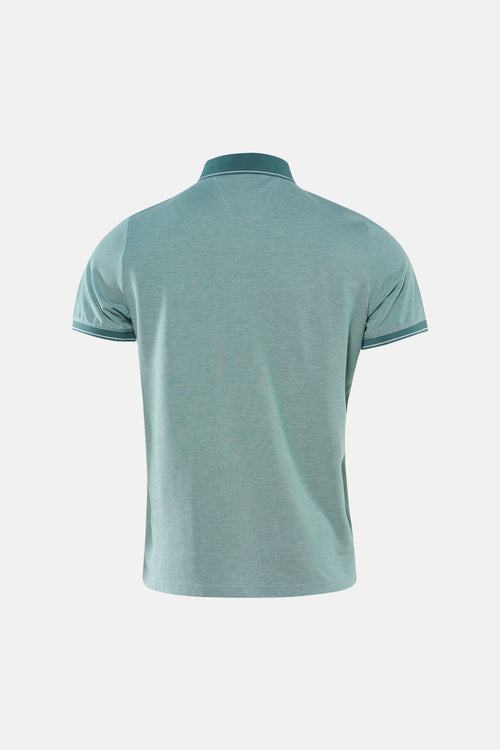T-shirt vert à manches courtes de DELAHAYE, avec col et bordures des manches rayés, vue de dos.
