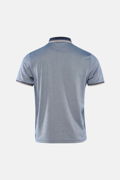 Blauwe polo van DELAHAYE, korte mouwen met contrasterende bies, textuurpatroon, achterzijde.