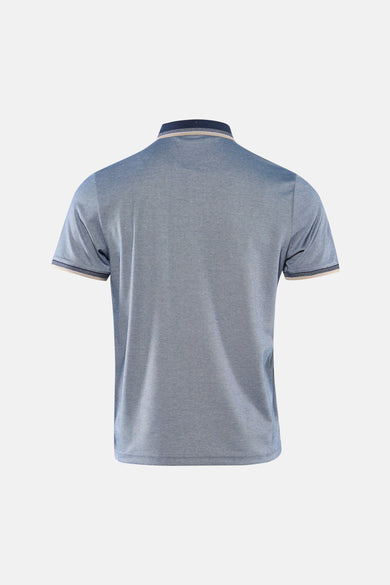 Polo bleu de DELAHAYE, manches courtes à bordure contrastée, motif texturé, vue arrière.
