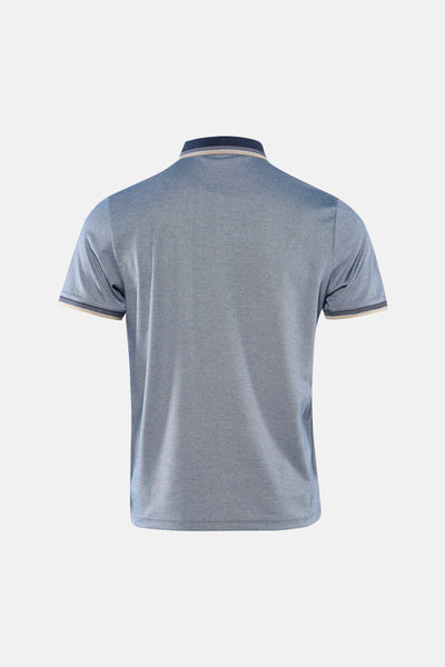 Polo bleu de DELAHAYE, manches courtes à bordure contrastée, motif texturé, vue arrière.
