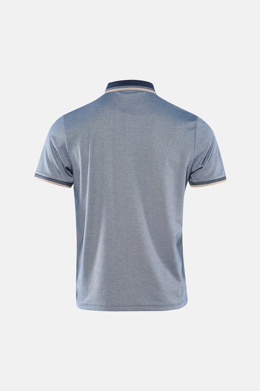 Blauwe polo van DELAHAYE, korte mouwen met contrasterende bies, textuurpatroon, achterzijde.