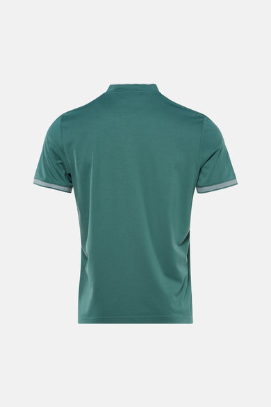 Blauw T-shirt met korte mouwen van DELAHAYE, met een rand met geometrische patronen op de kraag en mouwen.
