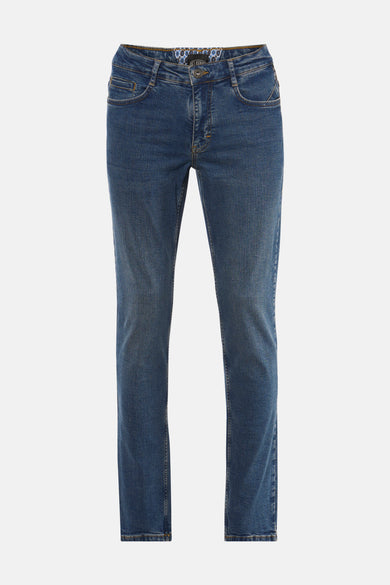 Rechte blauwe jeans van DELAHAYE met zichtbare stikseldetails en een voering met cirkelvormig patroon.