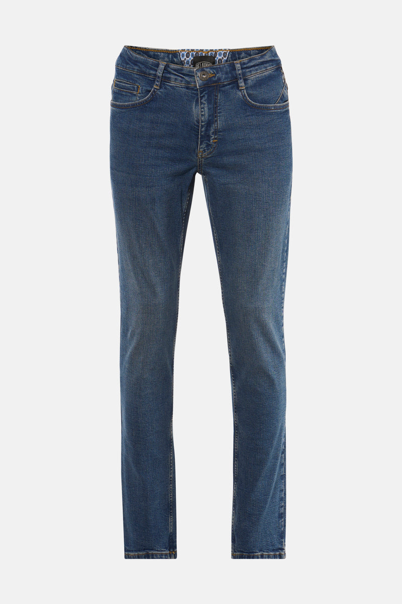 Rechte blauwe jeans van DELAHAYE met zichtbare stikseldetails en een voering met cirkelvormig patroon.