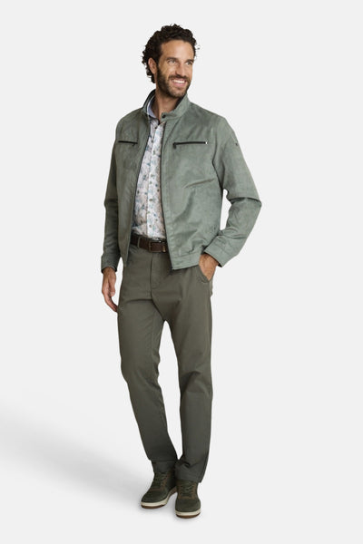 Olive green jogging pants by DELAHAYE, full-length front view, paired with matching jacket and floral shirt, casual lifestyle styling