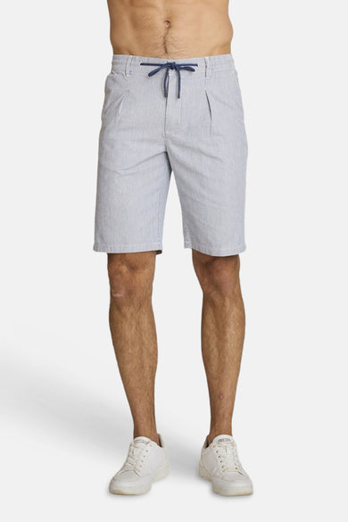 Light blue striped cotton bermuda shorts by DELAHAYE, featuring drawstring waist and front pockets, shown on model with white sneakers.