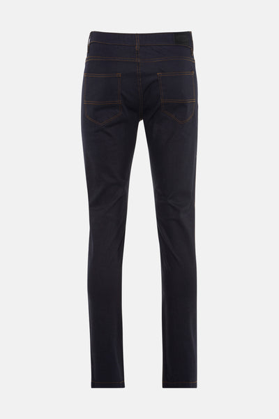 Rechte donkerblauwe denim jeans van DELAHAYE, met oranje contraststiksels, van achteren zichtbaar.