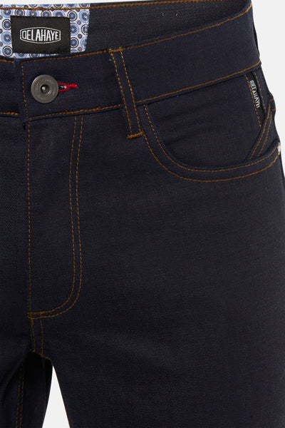 Rechte donkerblauwe denim jeans van DELAHAYE, met contrasterende stiksels en een kenmerkend zakdetail.
