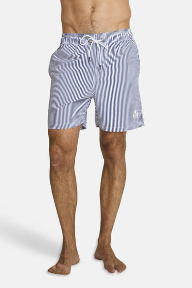 Blue and white striped men's swim shorts with drawstring waist, front view, featuring small logo on left leg