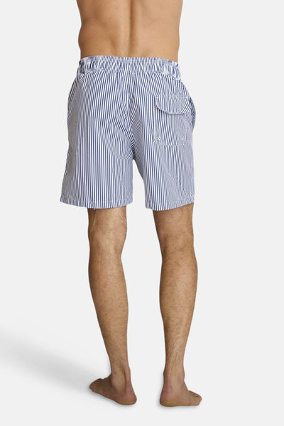 Multicolored striped men's swim shorts with side pocket, back view, elastic waistband
