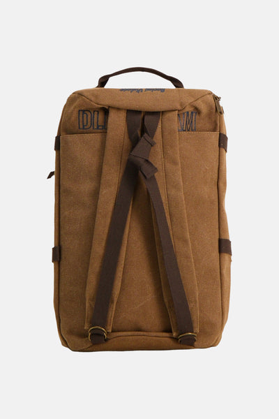 Beige canvas backpack with dark brown straps and side buckles, back view showing DL1M logo print