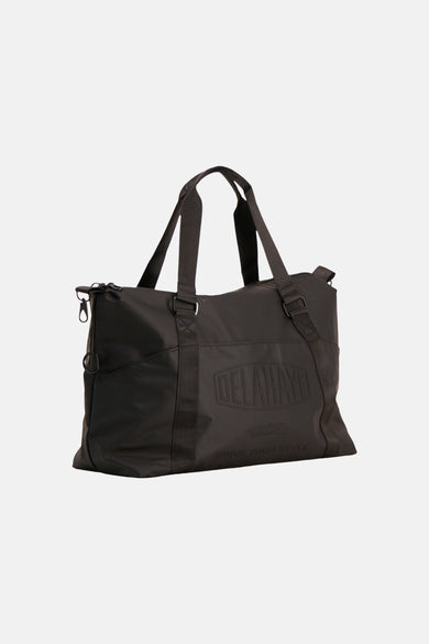 Black shoulder bag by Delahaye with embossed logo and car design, front view, durable fabric, adjustable straps