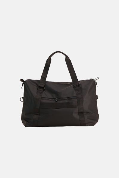 Black nylon shoulder bag with front zip pocket and adjustable straps, front view