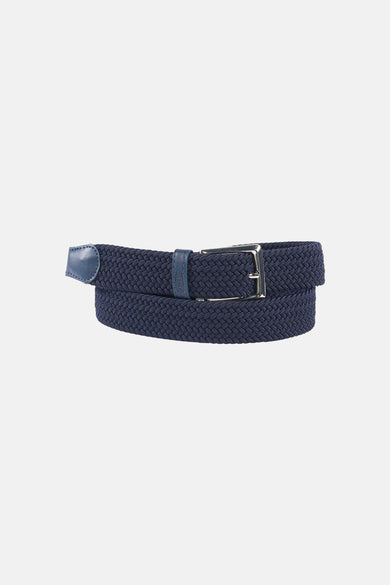 Ceinture tressée bleue de DELAHAYE, avec boucle argentée et détails en cuir ton sur ton.