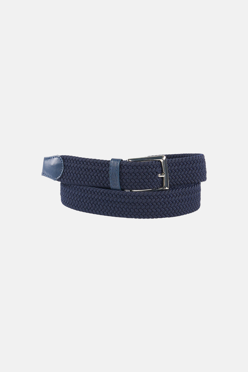 Ceinture tressée bleue de DELAHAYE, avec boucle argentée et détails en cuir ton sur ton.