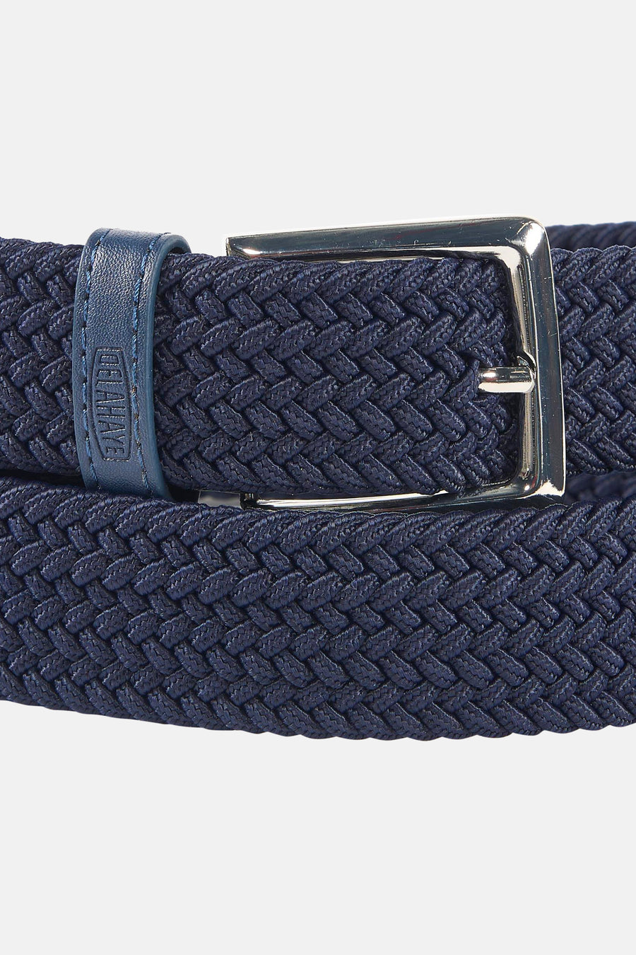 Ceinture bleue tressée de DELAHAYE, avec boucle argentée et empiècement en cuir lisse ton sur ton.