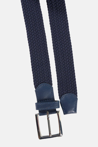 Ceinture bleue tressée de DELAHAYE, avec boucle argentée et empiècements en cuir ton sur ton.