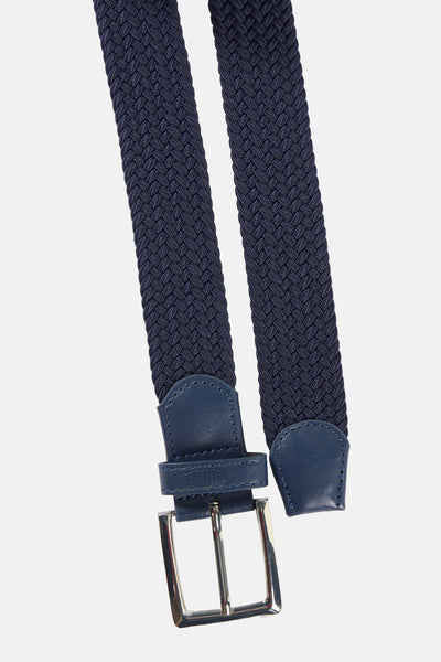 Ceinture bleue tressée de DELAHAYE, avec boucle argentée et empiècements en cuir ton sur ton.