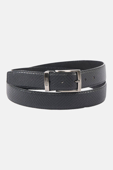 Black textured leather belt with snakeskin pattern and silver-toned buckle by Bally, coiled front view