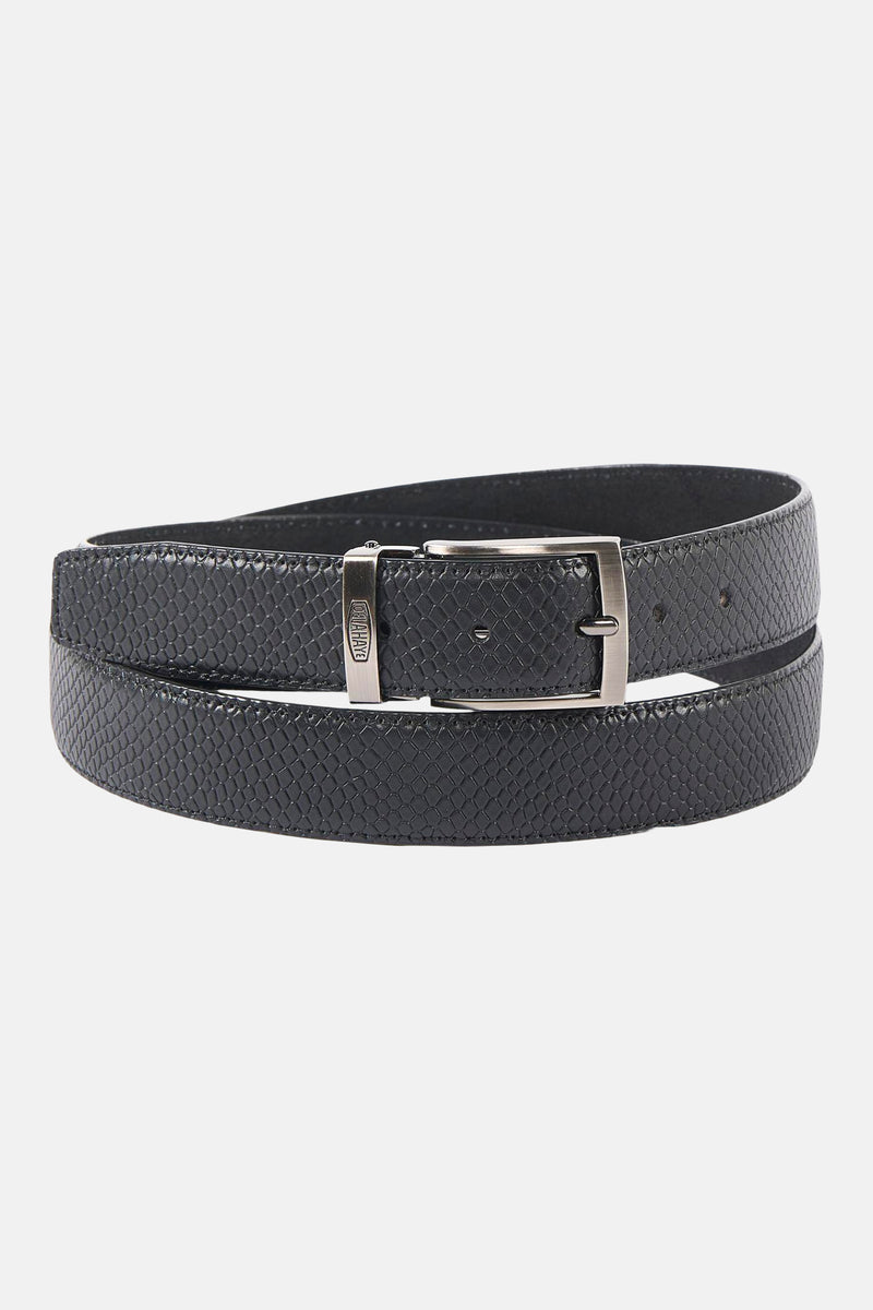 Black textured leather belt with snakeskin pattern and silver-toned buckle by Bally, coiled front view