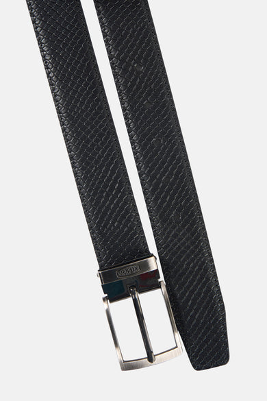 Black textured leather belt with snakeskin pattern and silver-toned buckle by Cavallaro, shown in flat lay view