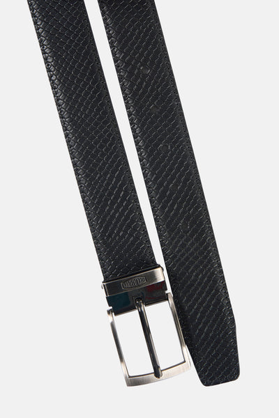 Black textured leather belt with snakeskin pattern and silver-toned buckle by Cavallaro, shown in flat lay view