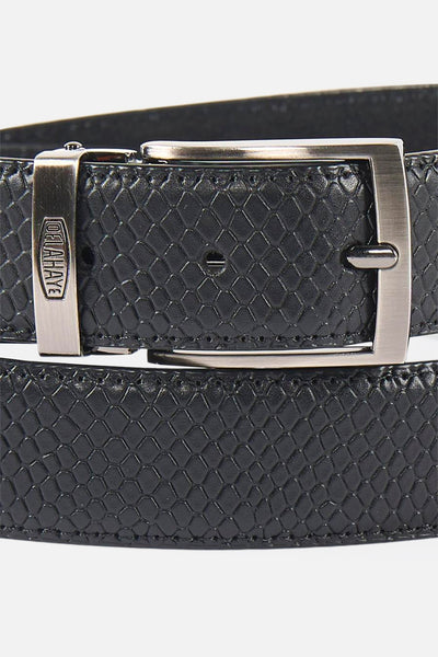 Black textured leather belt with snake skin pattern and silver-toned buckle by JAHVA, close-up front view