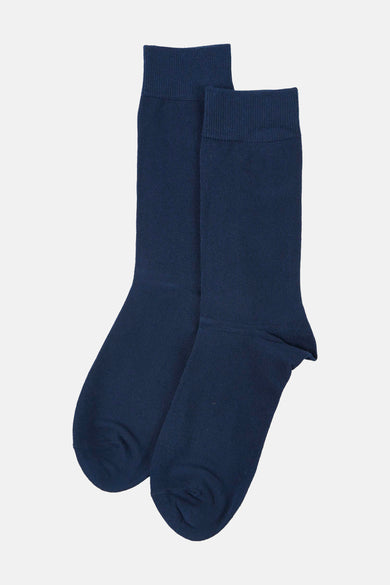Navy blue ribbed crew socks with elastic cuff, plain knit texture, front view on white background