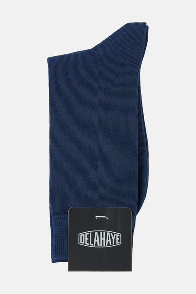 Navy blue ribbed crew socks by Delahaye, featuring a solid color and textured knit, displayed with brand tag attached.