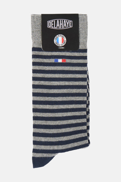 Grijze en blauwe gestreepte sokken, van DELAHAYE, met Franse driekleurige vlag.