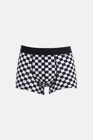 Zwarte Delahaye boxer, zwart-wit geblokt patroon, zwarte elastische tailleband.